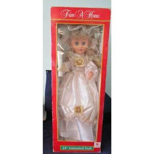 Animated Christmas Angel Doll 24" White Gold Lace Mantilla Trim Roses Candle IOB